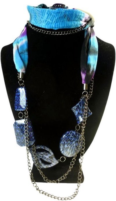 Collar-Foulard azul y morado  leopardo