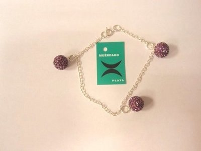 Pulsera plata cadena y bolitas swarovski morado